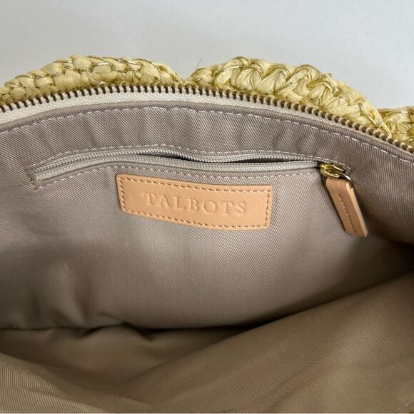 Talbots Paper Straw Gold Metallic Tan Leather Trim Top Zip Clutch Bag Strap - Picture 7 of 11